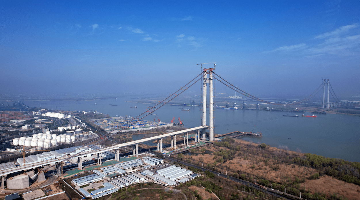 国内第一、世界第二大跨度单层悬索桥——南京仙新路长江大桥完成主缆架设